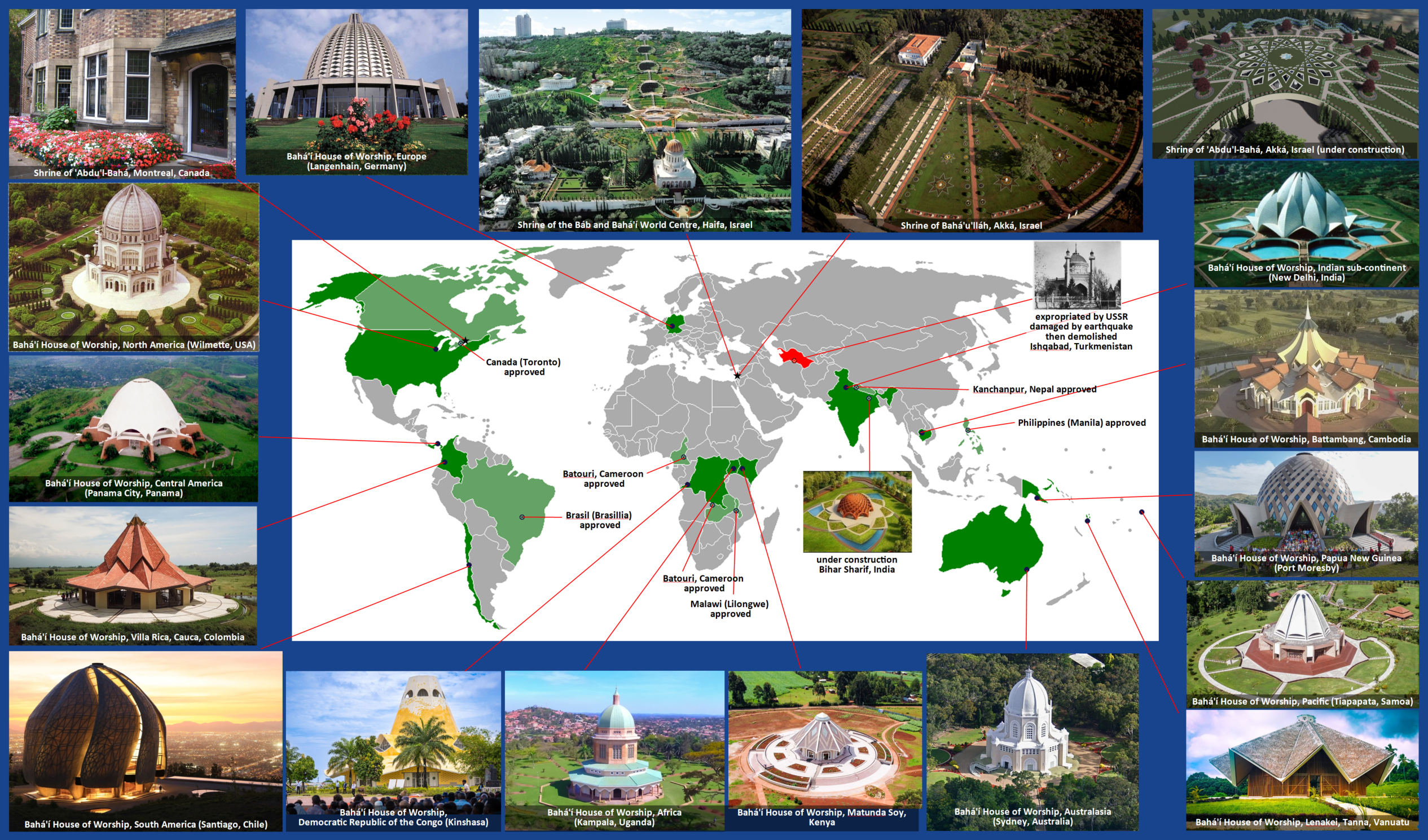 world map showing Bahá’í Places of Interest
